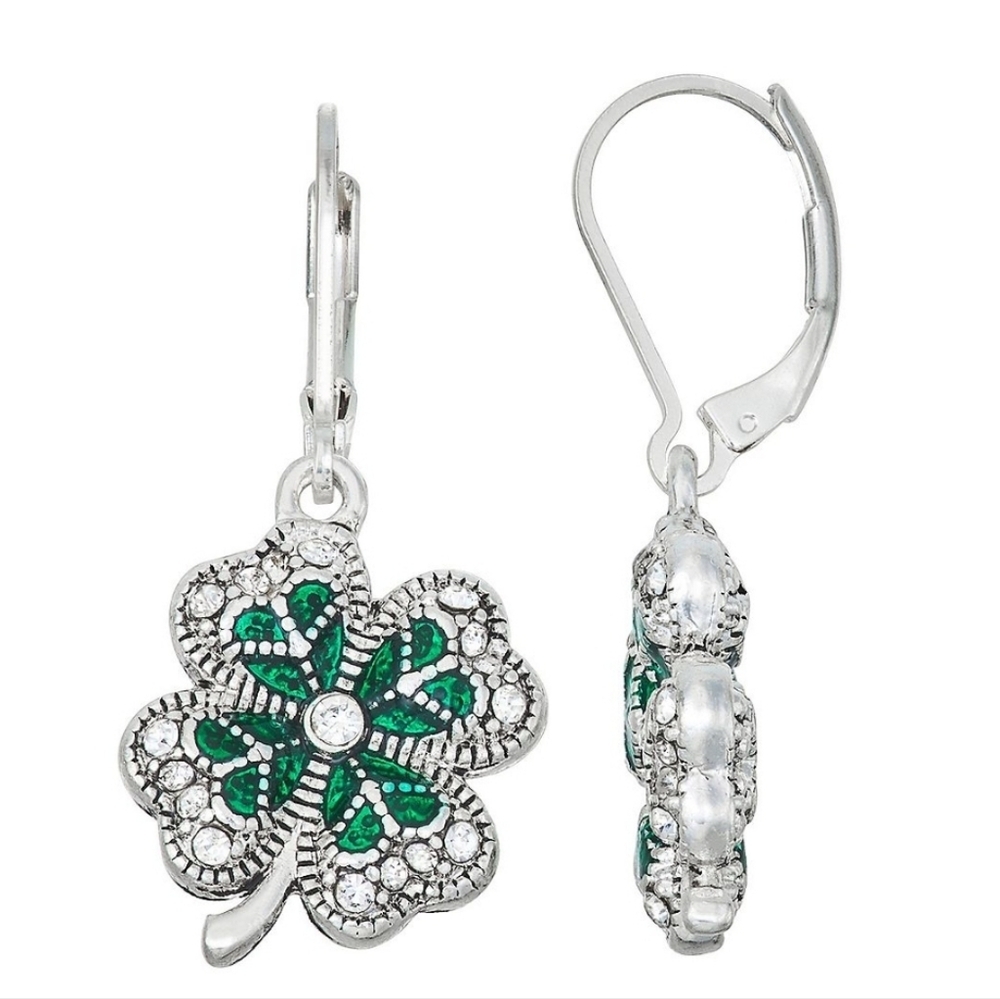 Napier Silver Tone Lucky Shamrock Drop Earrings Leverback NWT - Picture 1 of 3